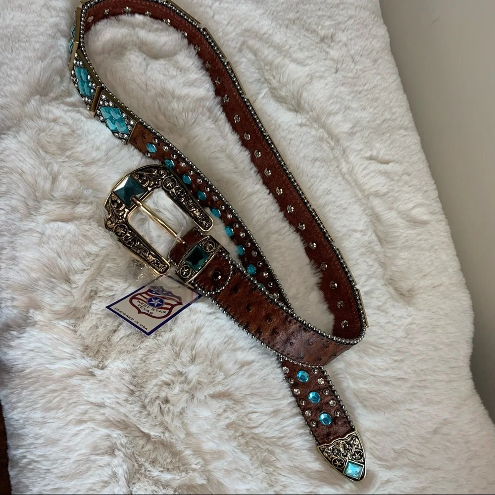 Men's West Star Texas Leather Bling Belt with Blue Crystal Conchos Size Large - Picture 8 of 11